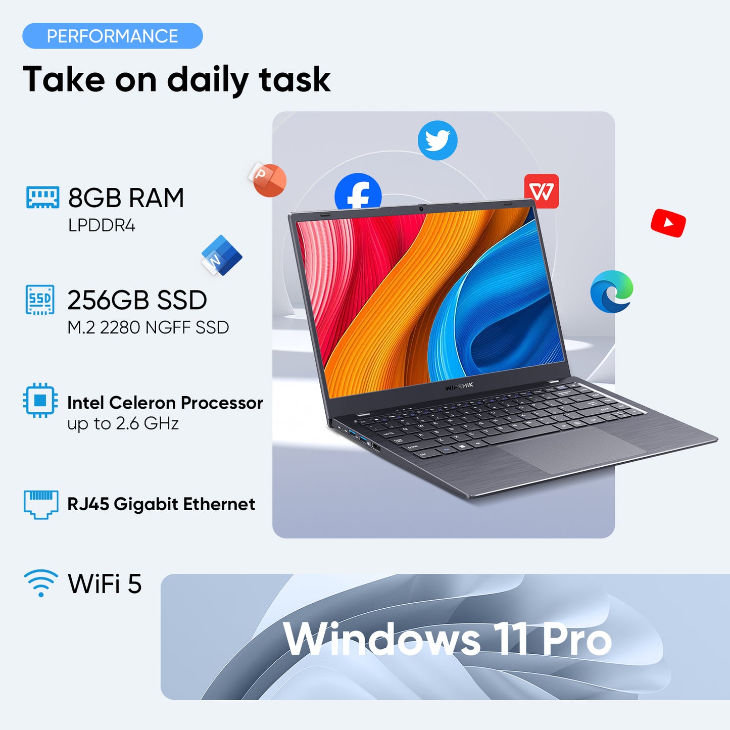WIPEMIK 2024 Newest Laptop Computer, 8GB RAM Laptop 256GB SSD, Intel Celeron Processor Windows 11 Laptop, 14 Inch Full HD 1080P IPS School Laptop, Support 2.4G/5G WiFi, USB 3.0, Long Lasting Battery