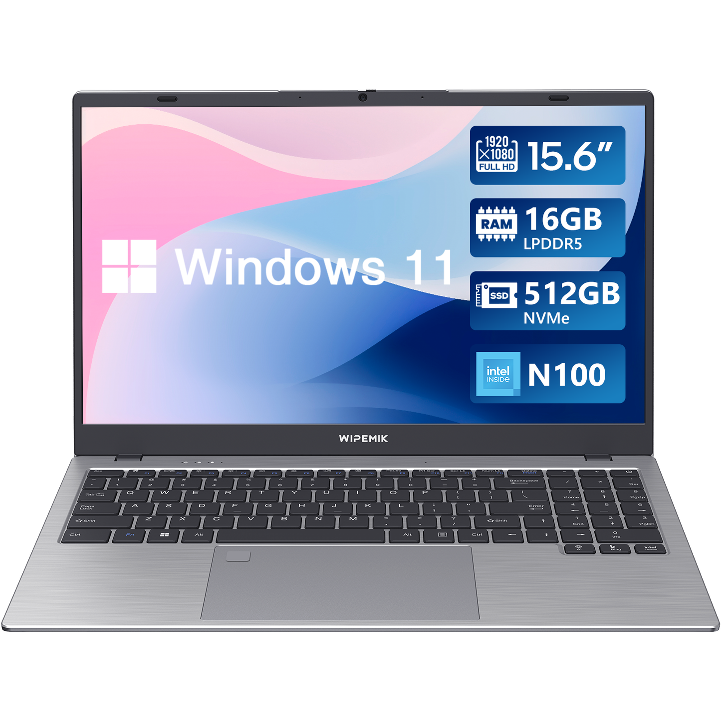 WIPEMIK Laptop Computer, 16GB LPDDR5 RAM Laptop 512GB NVMe SSD, Intel Quad-Core N100, 15.6 Inch 1080P IPS Display Windows 11 Pro Laptops, WiFi 6, BT 5.2, RJ45 Ethernet, Fingerprint, USB Type-C